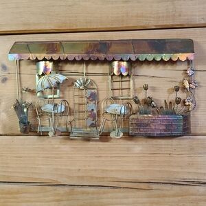 Vintage MCM Brutalist Metal Paris Bistro Cafe Copper Street Art Scene Flowers